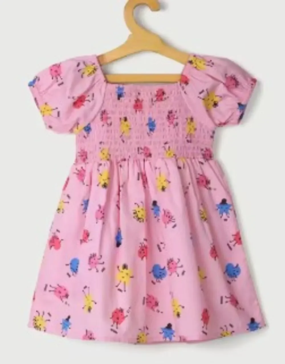 Pink Printed Cotton Girls Casual Wear 6-12m